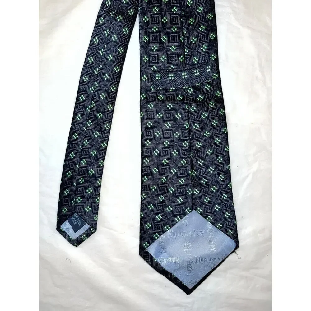 Hilditch & Key All Silk Tie ~ Dark Blue & Green Squares ~ Necktie
